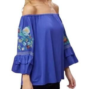 Altar’d State Blue Boho Embroidered Floral Off the Shoulder Top SZ M Flowy